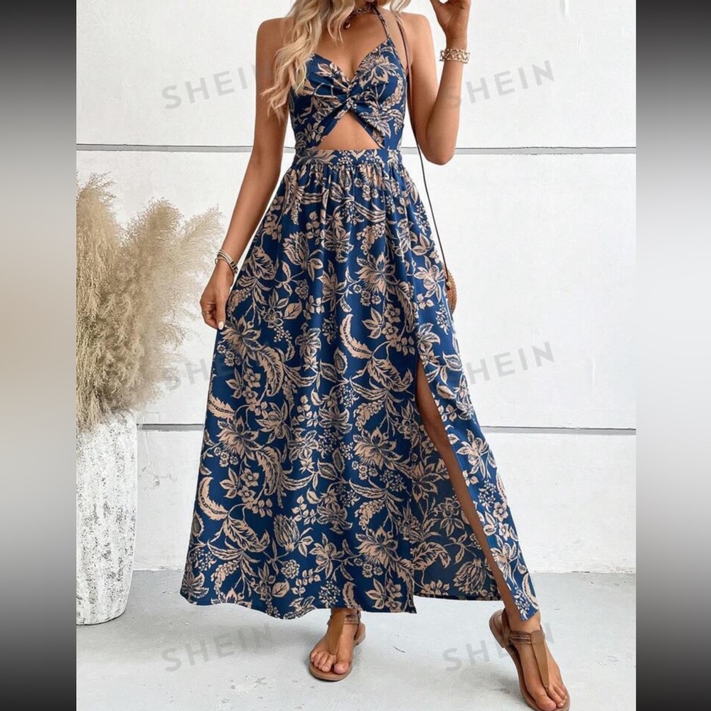 Blue floral print halter midi dress with cutout and  leg slit